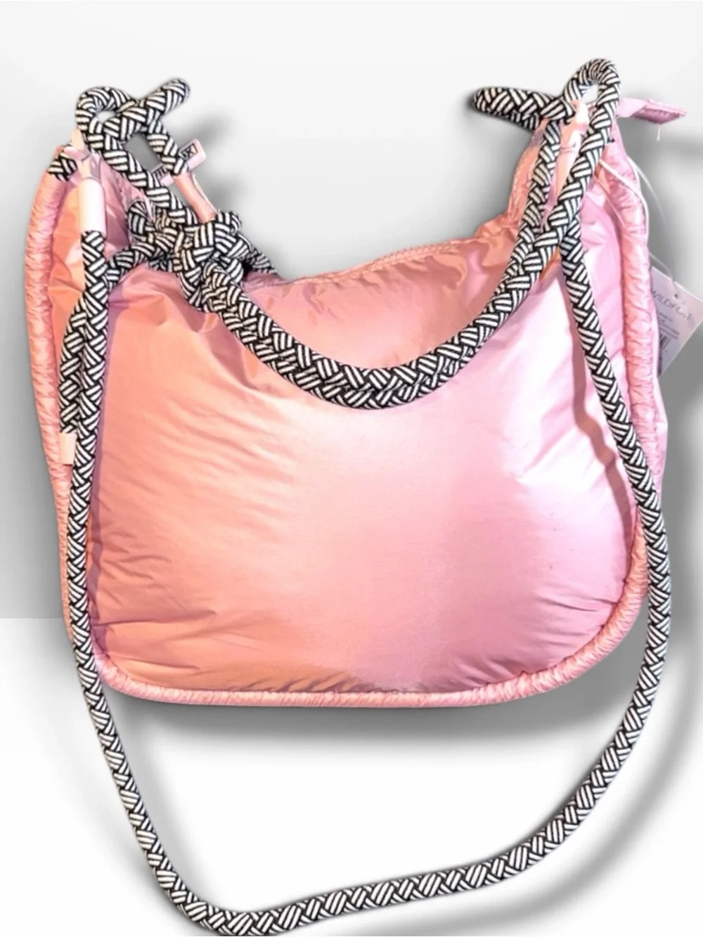 👩🏻‍⚖️Wildfox Light Pink Puffer Crossbody with Knotted Black & White Rope Strap